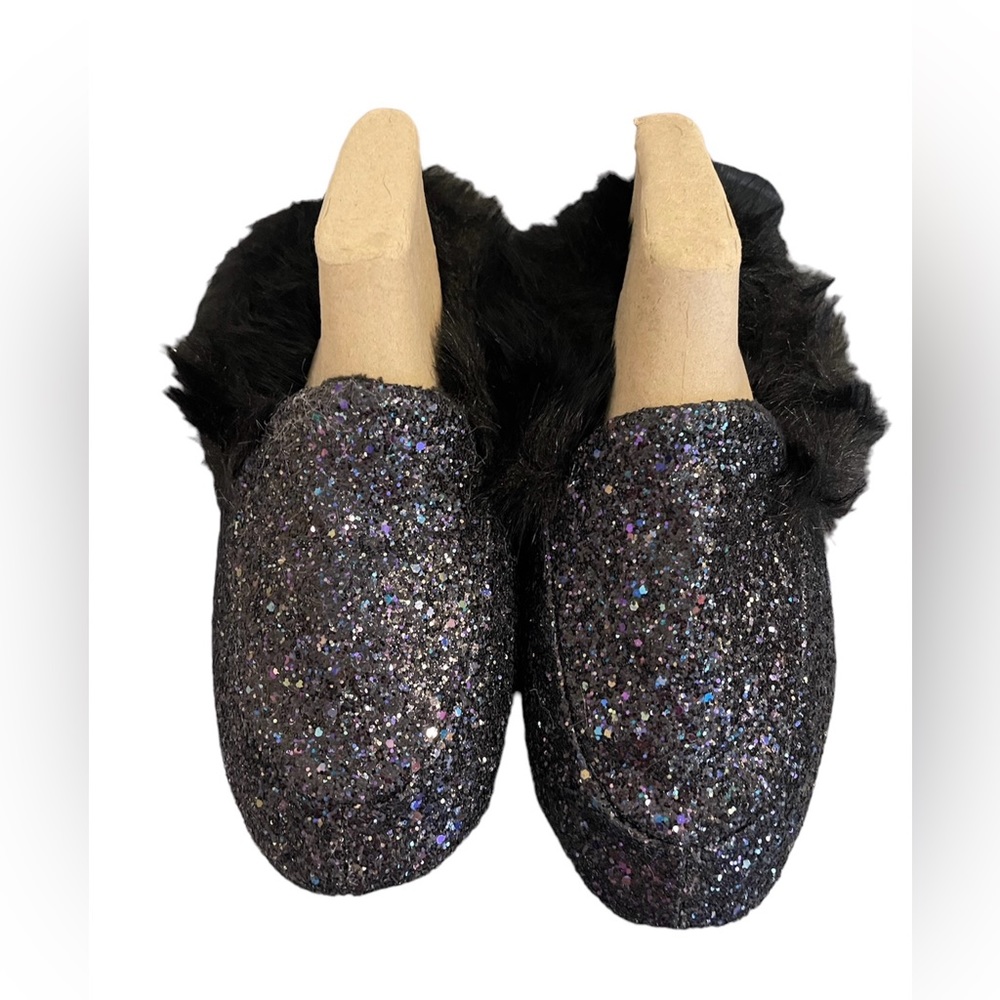 Victoria’s Secret Glitter House Glam Slipper Bling Black Fur Small